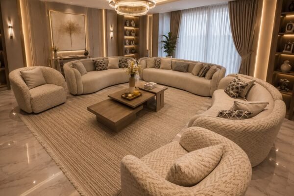 طقم كنب مودرن فاخر بتصميم منحني مع طاولة وسط خشبية في غرفة معيشة عصرية بإضاءة دافئة وديكور راقٍ.