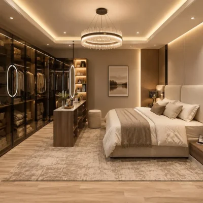 غرفة نوم مودرن ريغانس فاخرة مع غرفة ملابس زجاجية مفتوحة وتسريحة بإضاءة LED، مصممة بالتفصيل حسب الطلب.