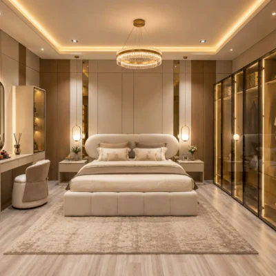 غرفة نوم مودرن فاخرة مع دولاب ملابس زجاجي وإضاءة LED وتسريحة عصرية، مصممة بالتفصيل حسب الطلب في السعودية.