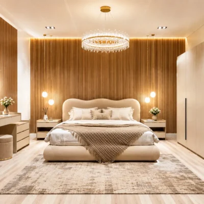 غرفة نوم مودرن مارينا بتصميم خشبي فاخر مع دولاب ملابس كبير وتسريحة عصرية وإضاءة LED، تُنفذ حسب الطلب.