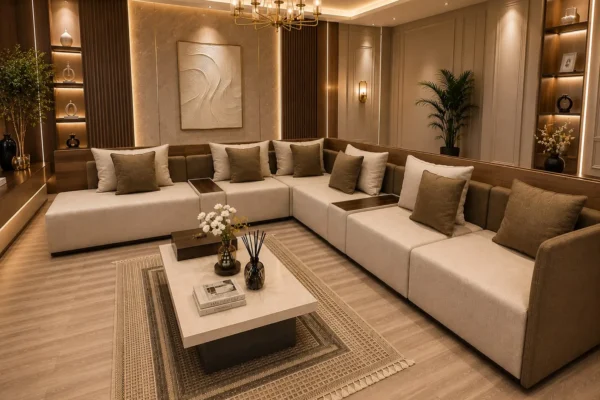 كنب مجلس مودرن فاخر بتصميم حرف L مع طاولة وسط رخامية وديكور داخلي عصري بإضاءة دافئة.