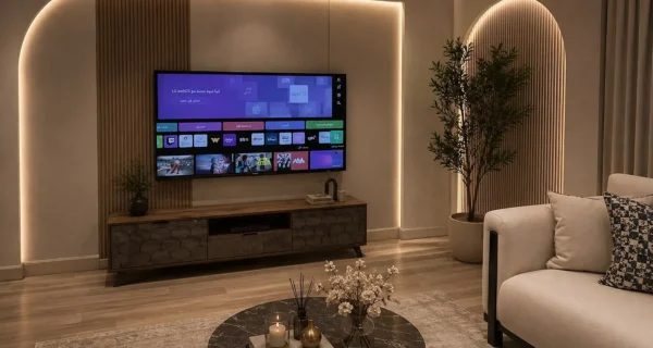 خلفية تلفزيون مودرن بتصميم أقواس خشبية مع إضاءة LED مخفية ووحدة تلفزيون أنيقة تناسب غرف المعيشة العصرية.