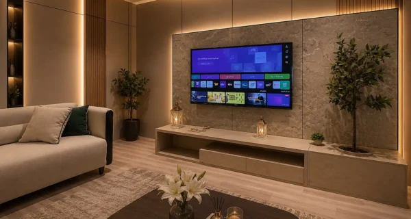 خلفية تلفزيون مودرن بتشطيب رخامي مع وحدة سفلية وإضاءة LED مخفية وتصميم فاخر لغرفة المعيشة.