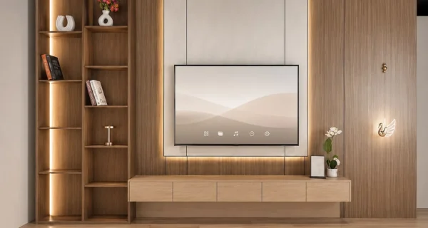 وحدة تلفزيون مودرن بتشطيب خشبي مع رفوف جانبية مضاءة وإضاءة LED مخفية وتصميم عصري أنيق.
