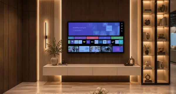 جدار تلفزيون مودرن بتشطيب خشبي مع وحدة تلفزيون عائمة وإضاءة LED ومكتبة جانبية بتصميم عصري.
